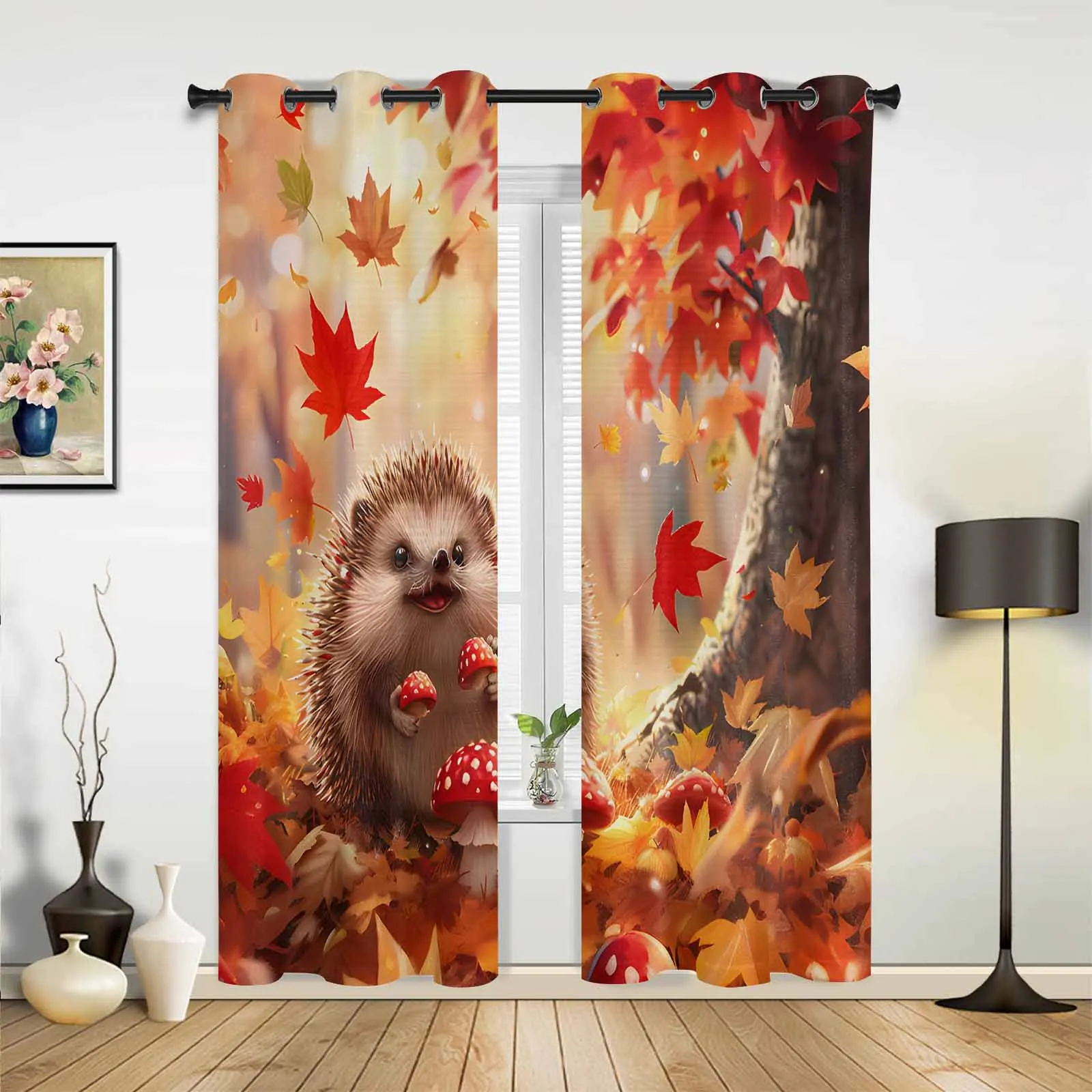 Autumn Maple Leaf Forest Hedgehog Mushroom Modern Panels Hall Curtains for Living Room Bedroom Window Curtains Hotel Drapes