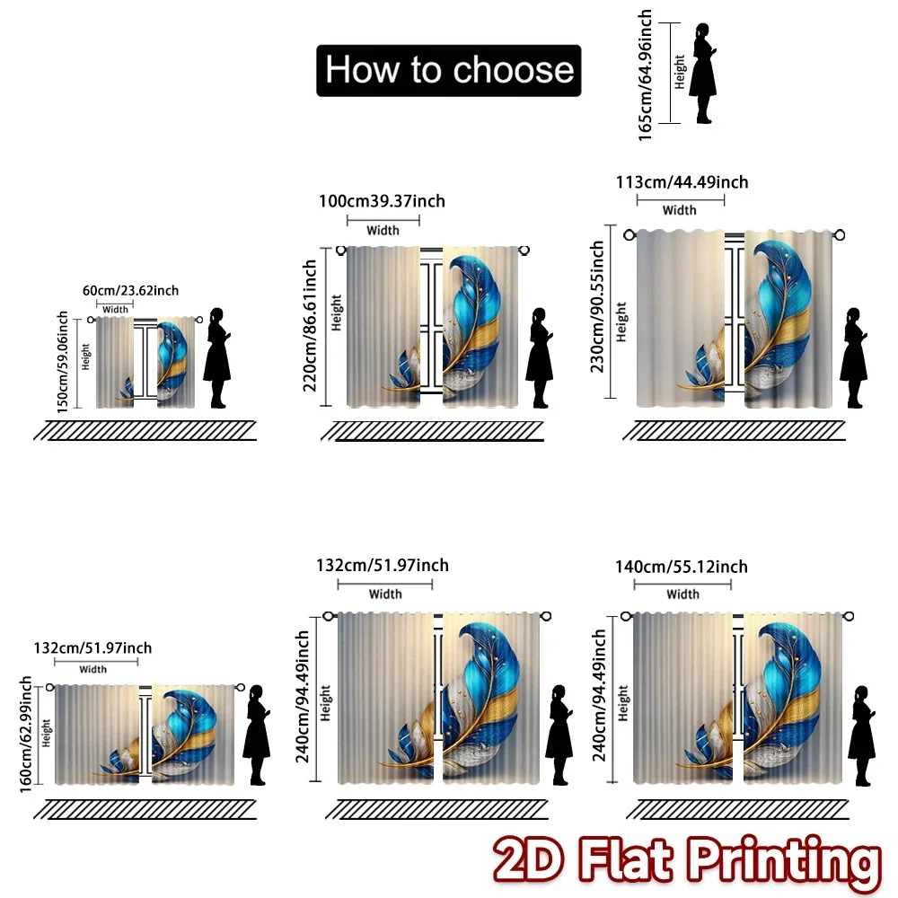 2D الطباعة المسطحة 2 قطعة الستار الذهب الأزرق ريشة الرقمية المطبوعة البوليستر الستائر الأسرة حفلة استخدام للاحتفالات عطلة ل