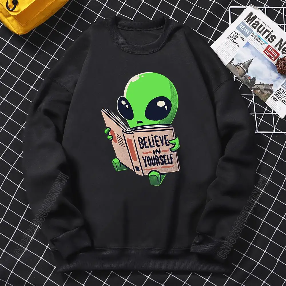 Green Alien Prints Believe In Yourself Man Hip Hop O-Neck Menswear Fashion Fitness Crewneck Loose Sweatshirt