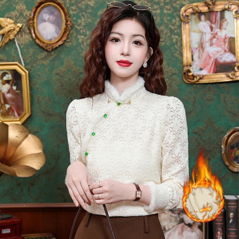Women Fleece Lined Chinese Style Retro Lace Blouse Long Sleeve Improved Qipao Collar Elegant Autumn Winter Top