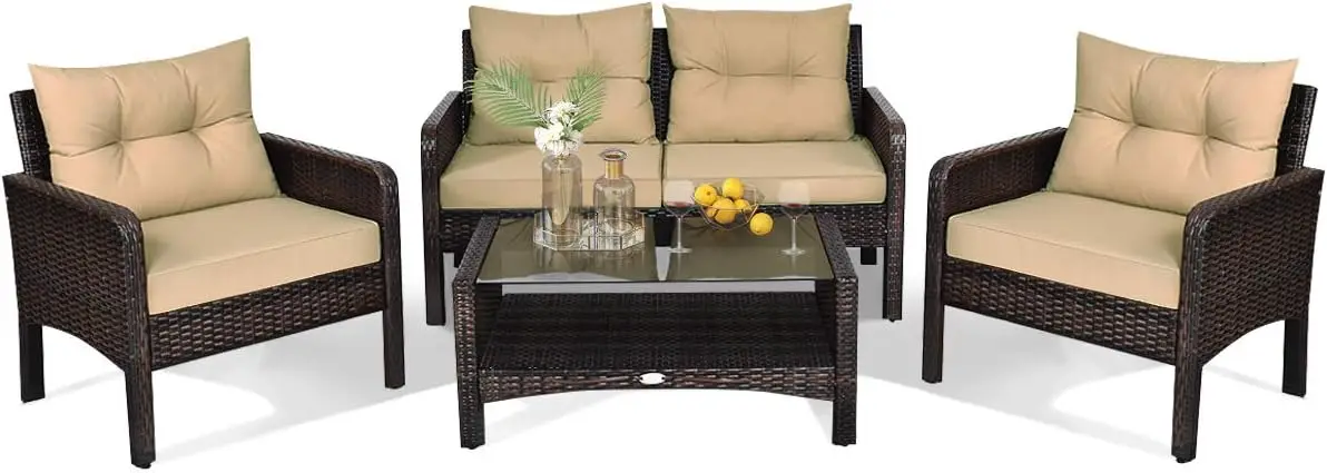 4-Piece Patio Furniture Outdoor Rattan Wicker Sofa Set with Cushions & Coffee Table with Tempered Glass Table Top &Storage Shelf