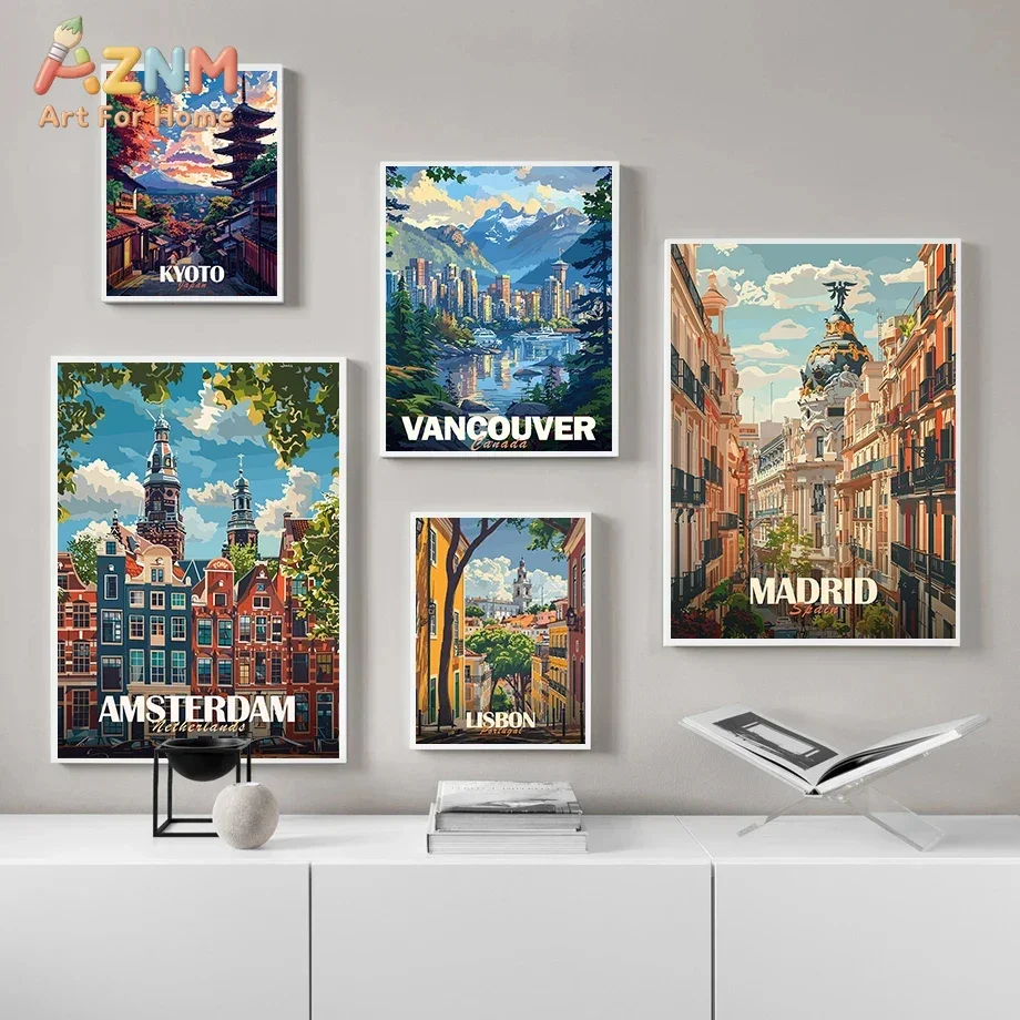 AZNM Vintage World City Travel Canvas Print, Frameless Retro Famous Destination Wall Poster, Colorful Cityscape Scenery Artwork