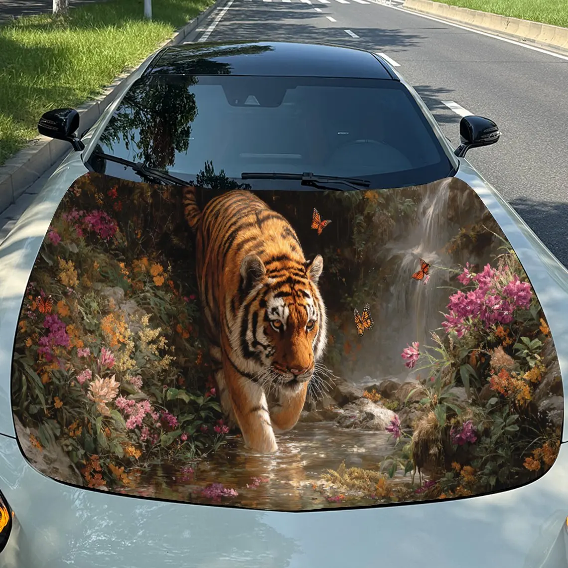 Magical Floral Tiger and Stream Auto Cover Sticker, Waterproof and Self-adhesive Auto Hood Decal, Auto Vinyl Wraps, Cool Car Ext