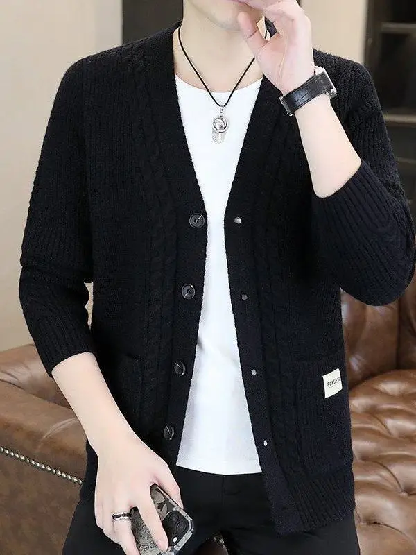 

Мужской вязаный кардиган свободного кроя на весну-осень, с воротником-стойкой, удобный, из полиэфирного волокна, с длинными рукавами, модный