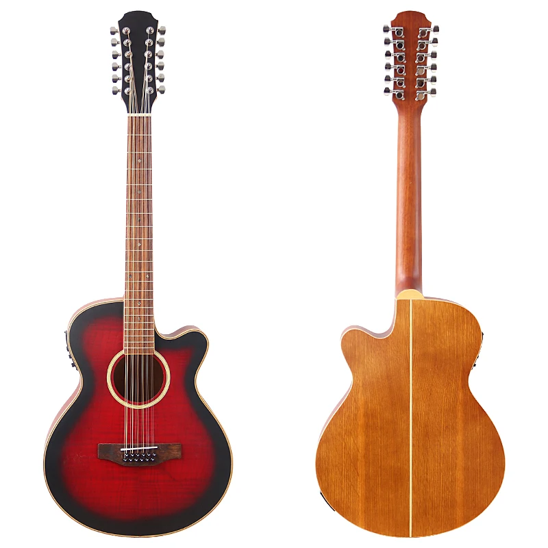 Guitarra Electroacústica de 12 Cuerdas con Tapa de Roble Flameado de 40 Pulgadas, Diseño Cutaway con EQ, Guitarra Folk con Defecto, Color Rojo Mate