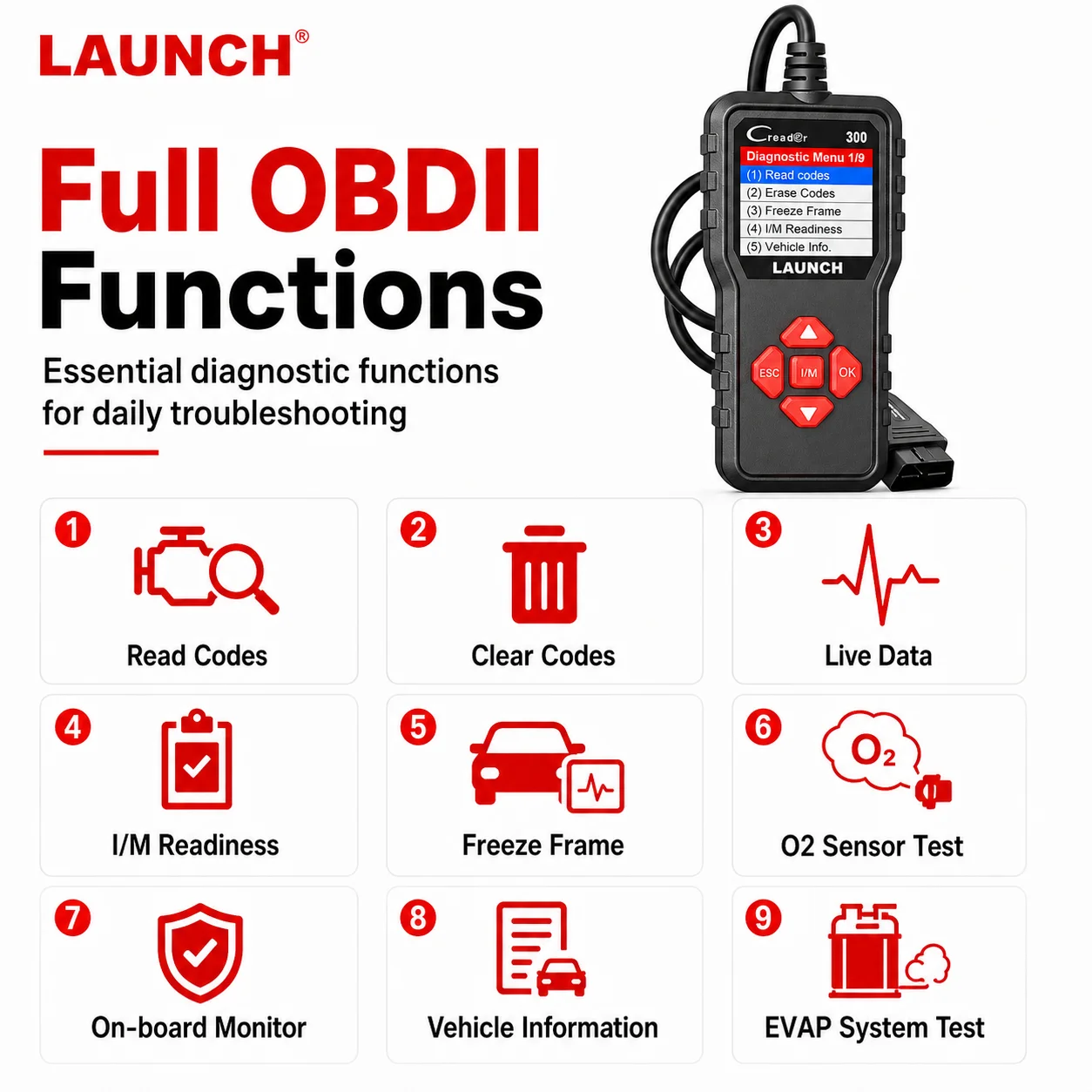LAUNCH X431 CR300 Car OBDII Scanner Code Reader I/M Readiness Engine Light Erase Diagnostic Tool Battery Tester Free Update