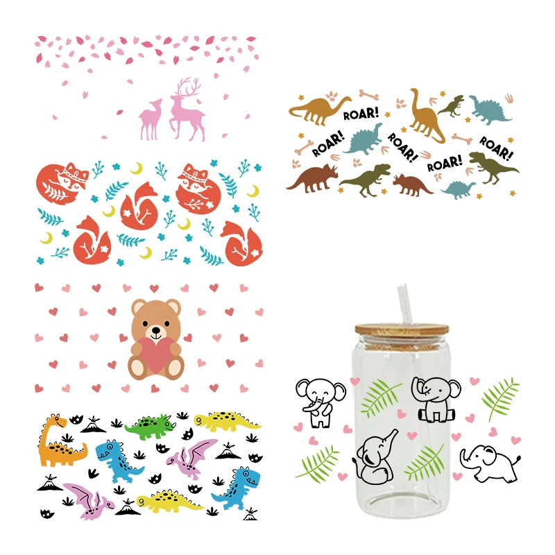 3D UV DTF Transfers Stickers 16oz Cup Wraps Dinosaur Fox Bear Animal Printed For DIY Glass Ceramic Metal Leather Etc. D6363