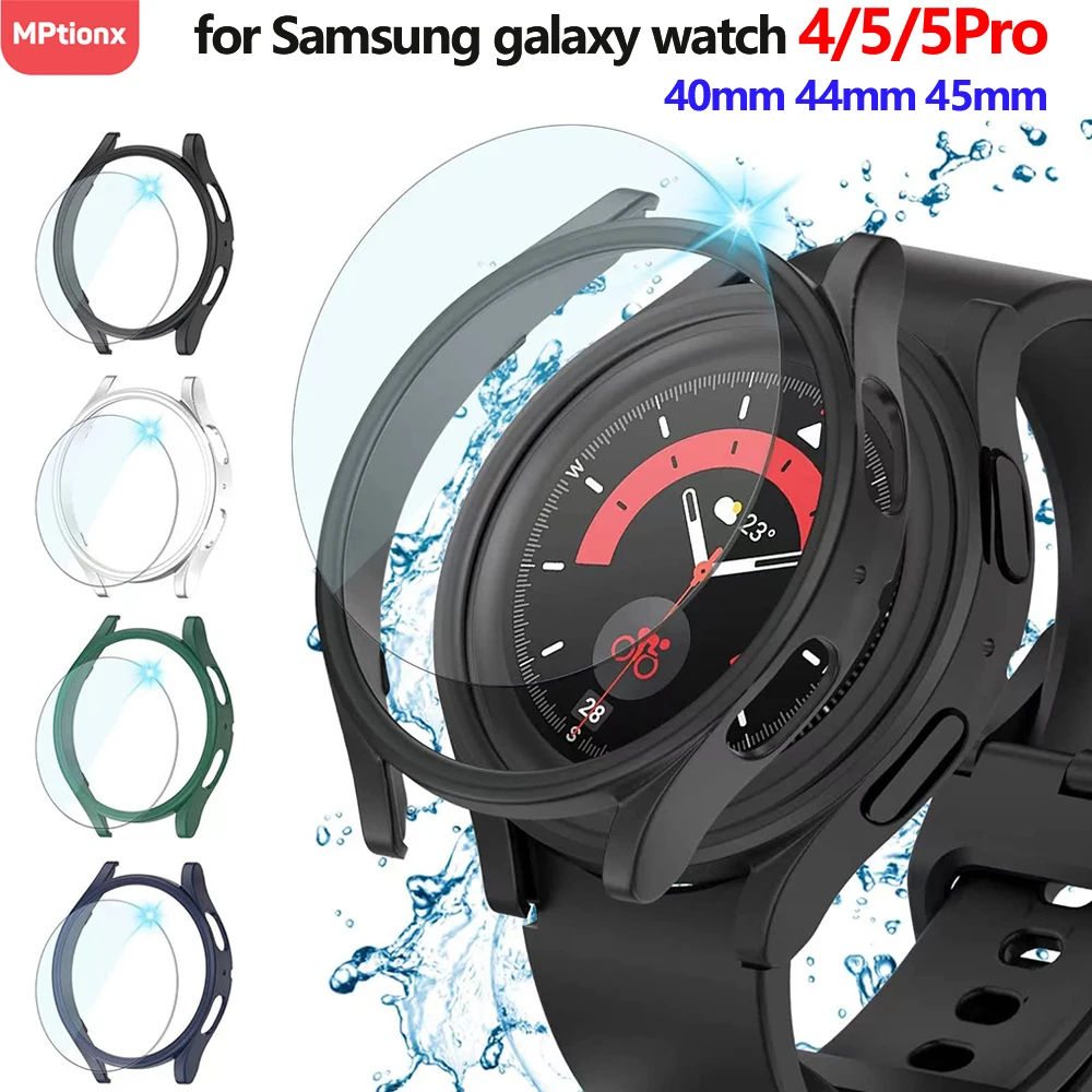 Gehäuse für Samsung Galaxy Uhr 5/4 44mm 40mm Displays chutz folie wasserdichtes Glas Hard PC Stoßstangen abdeckung für Galaxy Watch 5 Pro 45mm