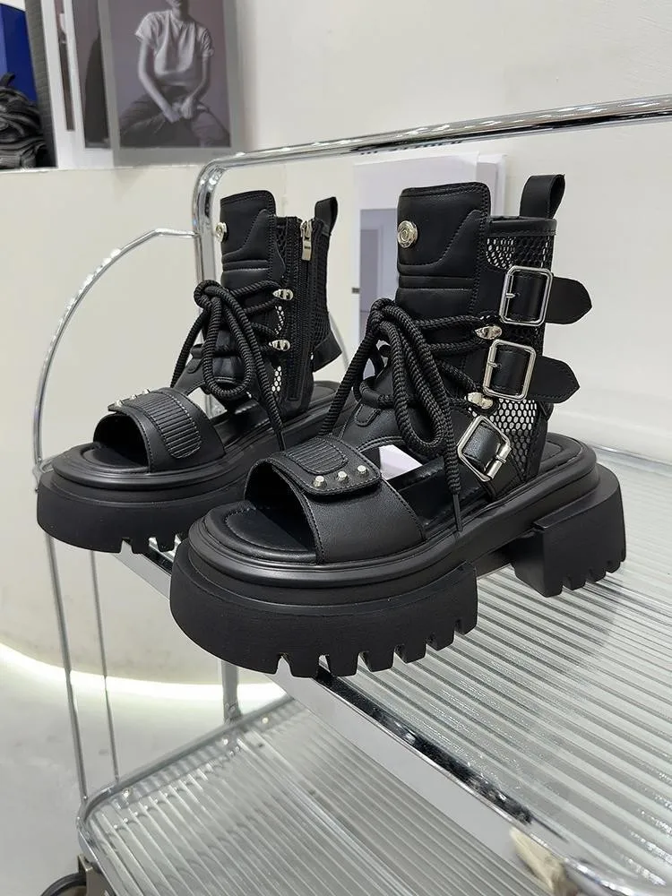 Fashion Ladies Solid Color Split Leather Lace-Up Zipper Platform Sandals Open Toe Hollow Out Buckle Strap High Heel Gladiator - view 5