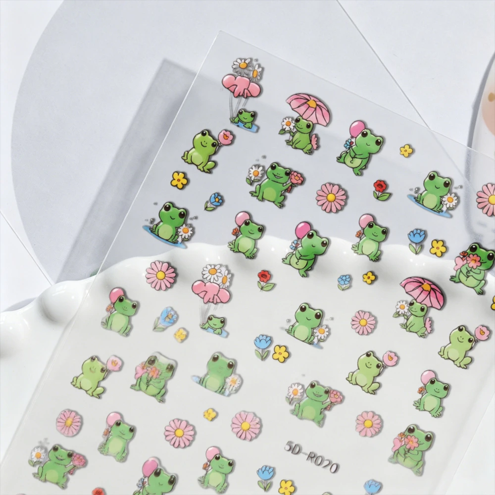 2pcs Cartoon Green Frog Flower Nail Art Stickers Cute Round-eyed Frog Lotus Leaf Nail Decals Blushing Frog Summer Child Stickers