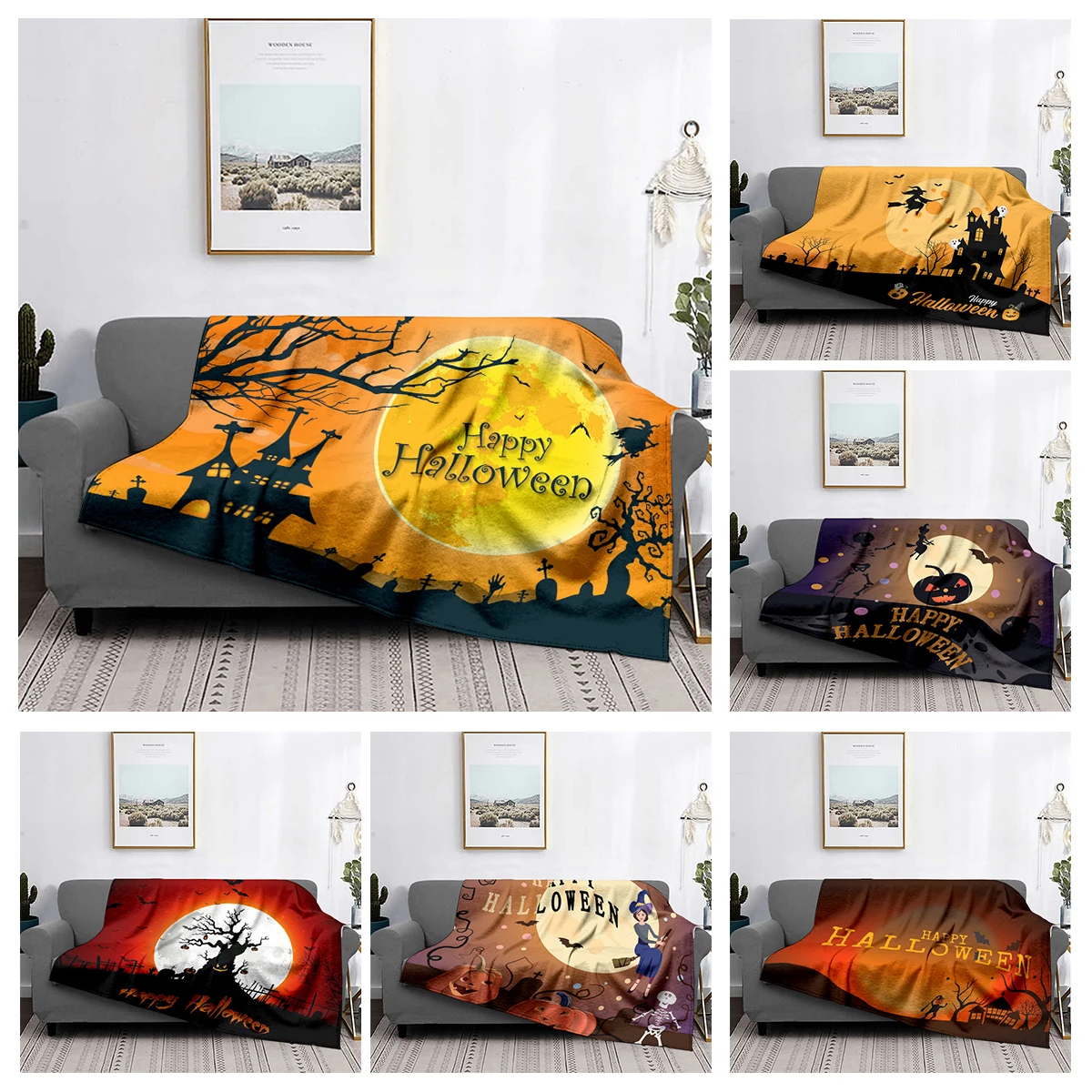 

Home decoration plush Throw Sofa blanket Bedspread bed fluffy soft blankets decor Plaid Modern Halloween Autumn Pumpkin funny