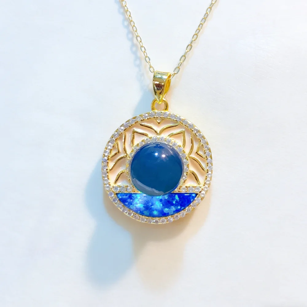 Vintage Mexican Blue Amber Pendant 8mm Round Sterling Silver with Symmetric Enamel Design Fine Jewelry Gift for Women
