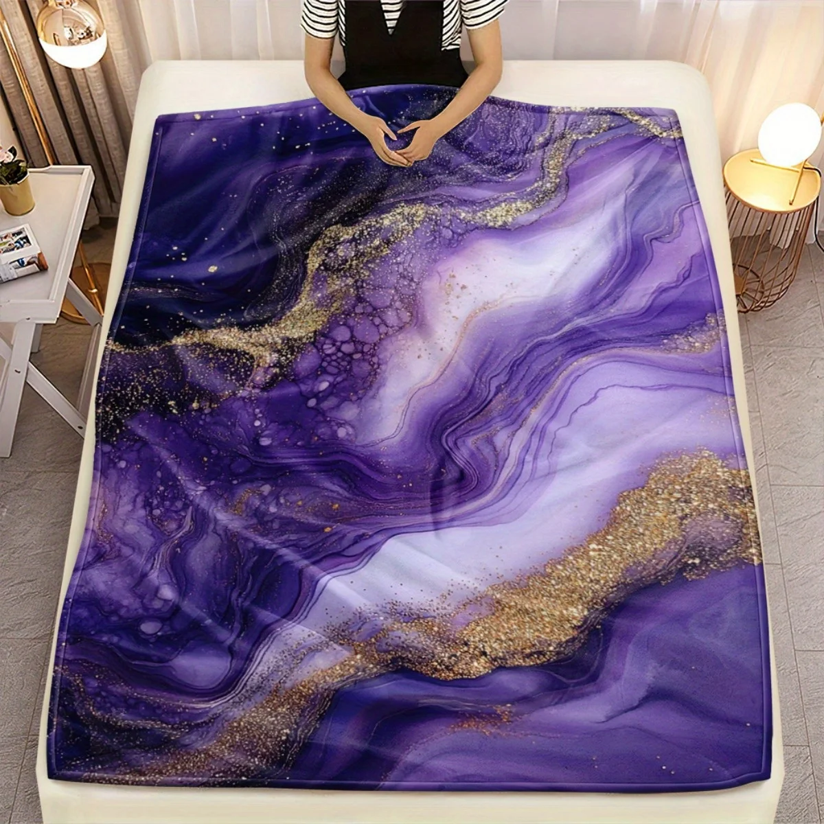 Deep Purple Gold Glitter Fluid Art Marble Throw Blanket Swirl Wave Abstract Pattern Modern Home Sofa Lounge Decor Blanket