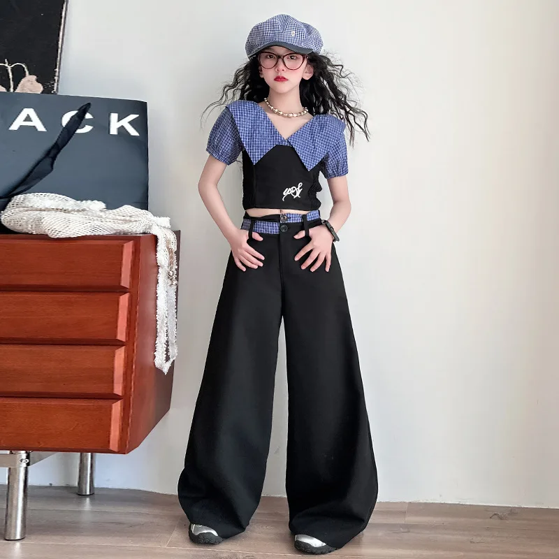Trendy Girls' V-neck Large Lapel French Elegan Plaid Shirt Tops And Pants Set Summer New Sweet short-sleeved two-piece Set