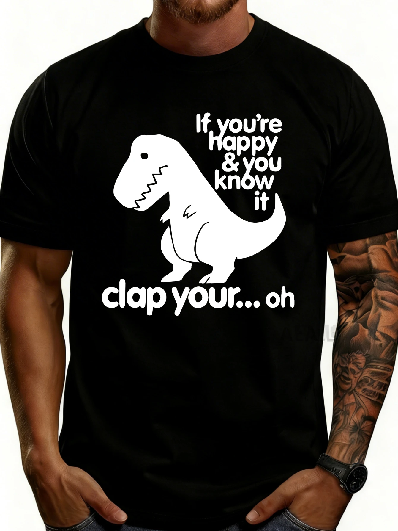 Men's Plain Graphic T-Shirt - Breathable, Soft, and Lightweight - Dinosaur Clapping Design - Retro Fun Graphic Casual Short-Sleeve Summer Top, Gift for Him