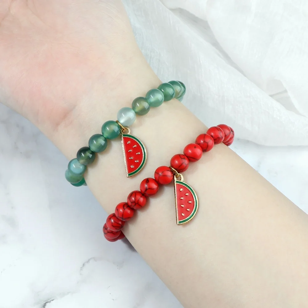 Watermelon Pendant Bracelet 8mm Natural Stone Beads Summer Fruits Charm Jewelry Cute Cartoon Beach Gifts For Men And Women Bohos