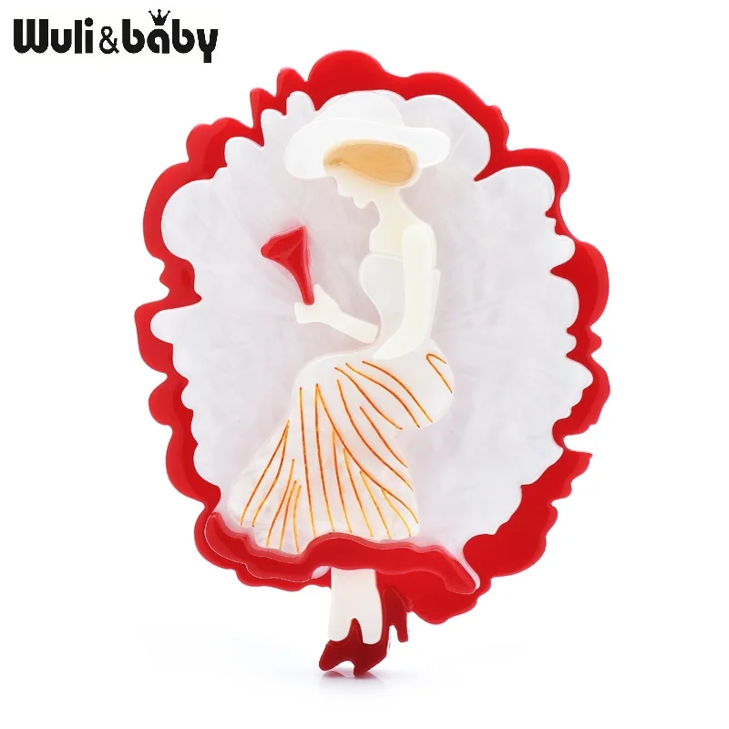 Wuli&baby New Design Acrylic Lady Figure Brooches For Women Beautiful Girl Round Badge Brooch Pins Gifts