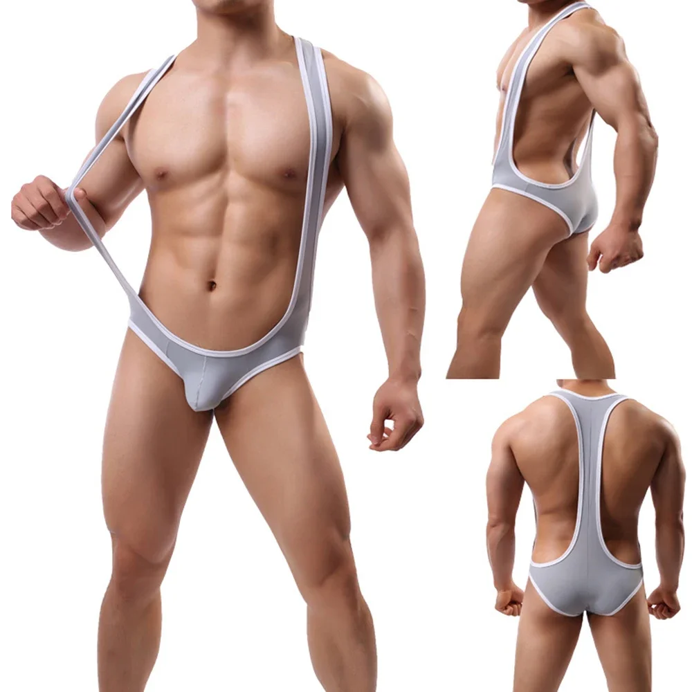 Gay Men Jockstrap Underwear Bodysuit Sexy Ice Silk Suspender Bodywear Wrestling Singlet Leotard Jumpsuit Sexy Teddies Undershirt