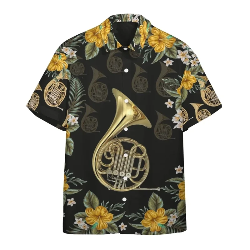 3D Printed Musical Instruments Graphic Beach Shirts For Men Short Sleeve Fashion Designer Hawaii Shirt Tops Mens Oversized Tees