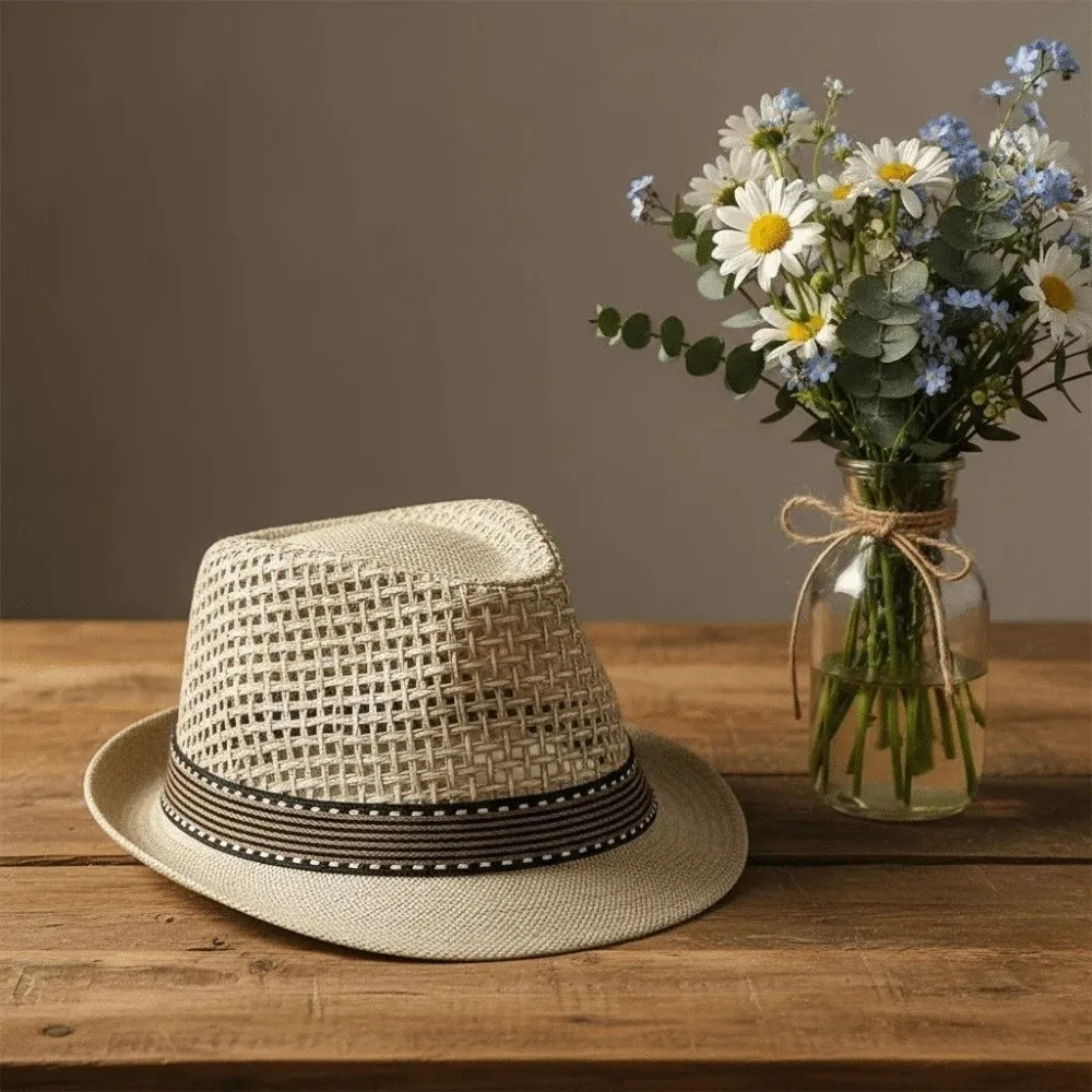 

Sun Cap Short Brim Men Panama Hat Lightweight Breathable Woven Straw Hat Sombrero Hollow Out Vacation Beach Cap Fashion Show