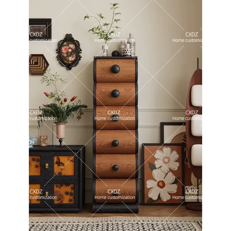 Retro Red Oak Solid Wood Chest of Drawers Living Room Storage Cabinet Antique Sideboard Bed End Locker Wall Standing Unit