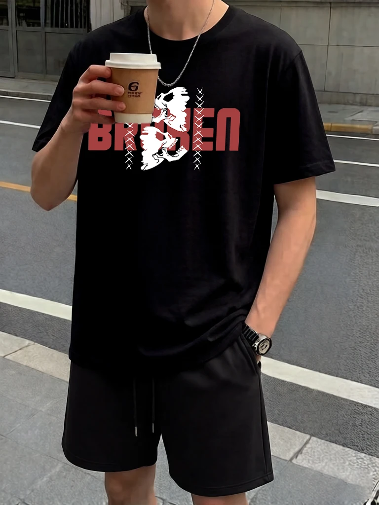 

Broken Letter With Skeleton Printed Simple T Shirt For Man Sets Cotton Breathable Street Clothing Summer Pocket Loose Shorts