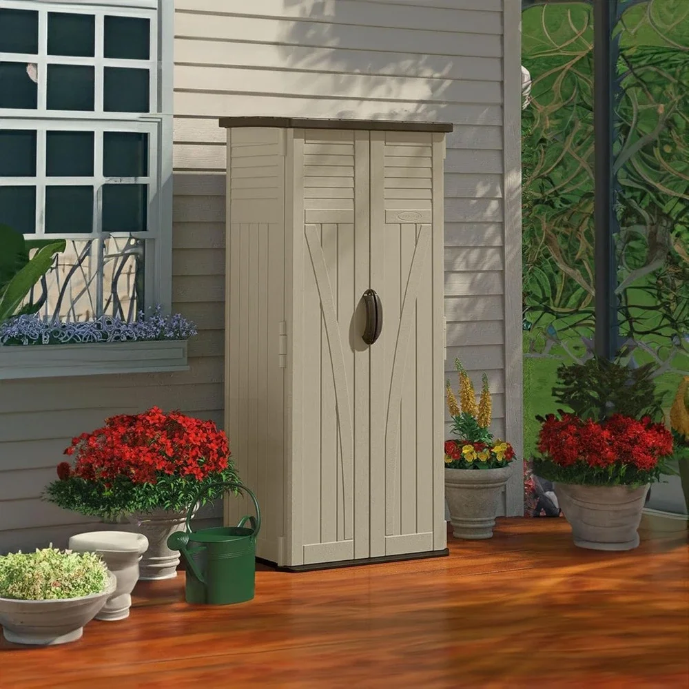 

22 Cubic Cubic Feet Capacity Tall Plastic Vertical Outdoor Shed for Garden, Backyard, Patio, or Pool Supplies Storage,