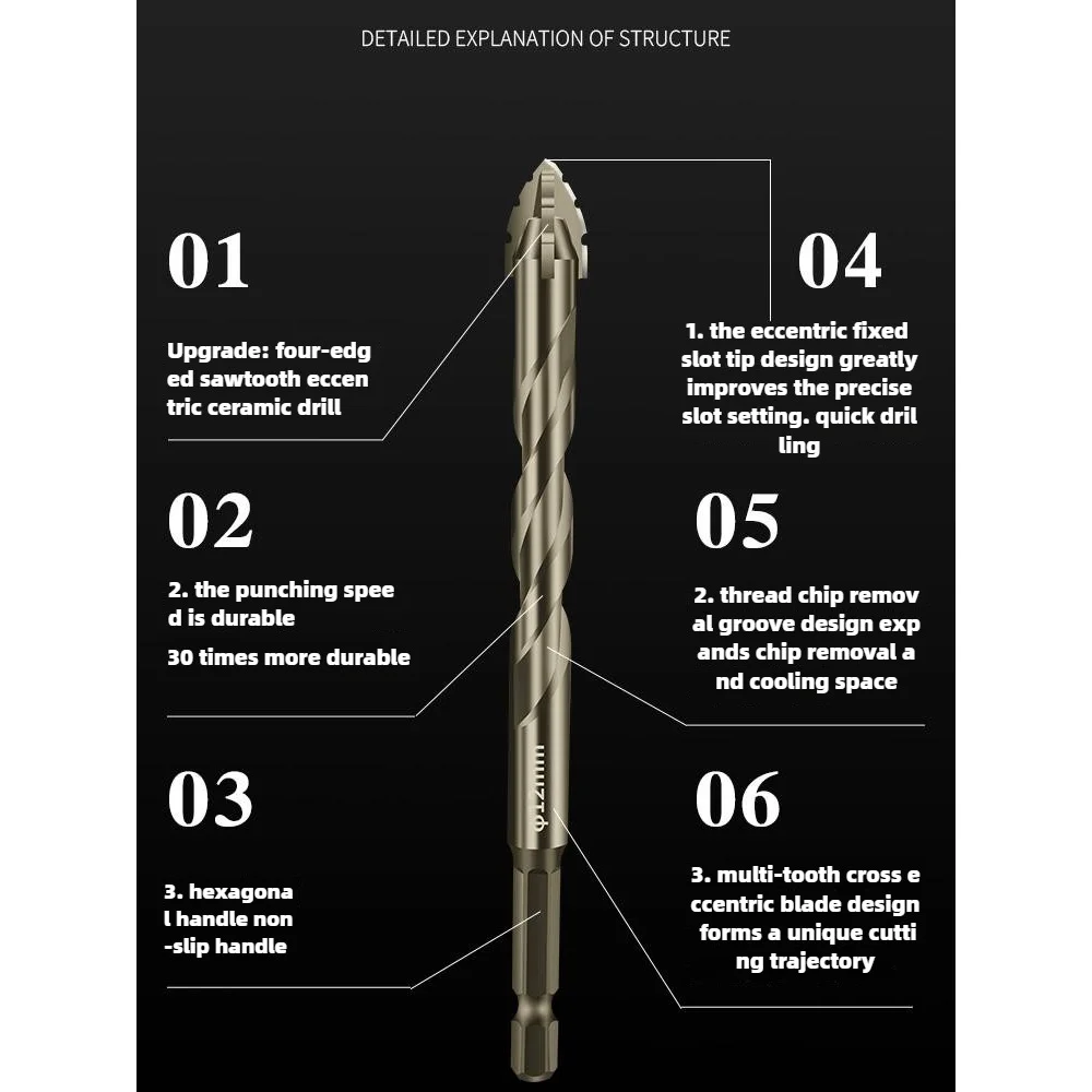 3pcs High-Four-Edged Serrated Eccentric Drill for Dry Drilling of Ceramic Tiles Glass Marble Concrete Stainless Steel Drill Bits image 5