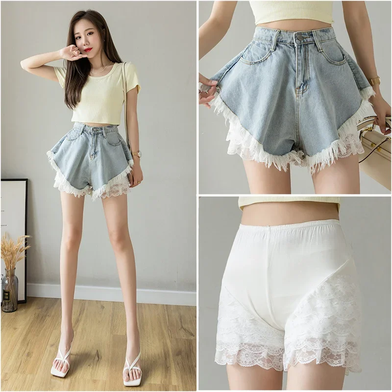 Fashion Girls Baggy Lace Wide Leg Jeans Pants With Ruffles Women\'s High Waist Tassel Loose Skirt Denim Shorts