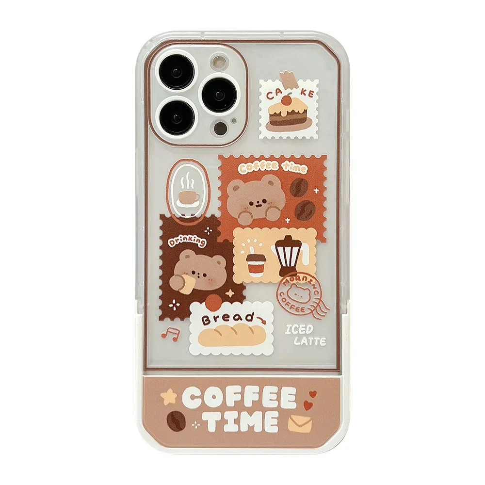 Retro stamp art Coffee Bear przezroczyste etui na telefon do iPhone'a 16 15 14 13 11 12 Pro Max Xr 14 15 16 Plus etui Cute stand Cover