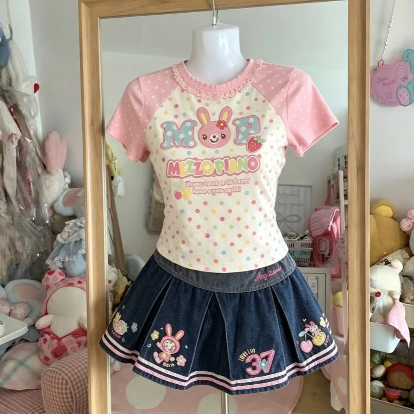 Y2k Japanese Cute Clothing Sets Printed Crop Top Mini Skirt Matching Outfits Casual Holiday Daily Wear for Teenage Girls Women