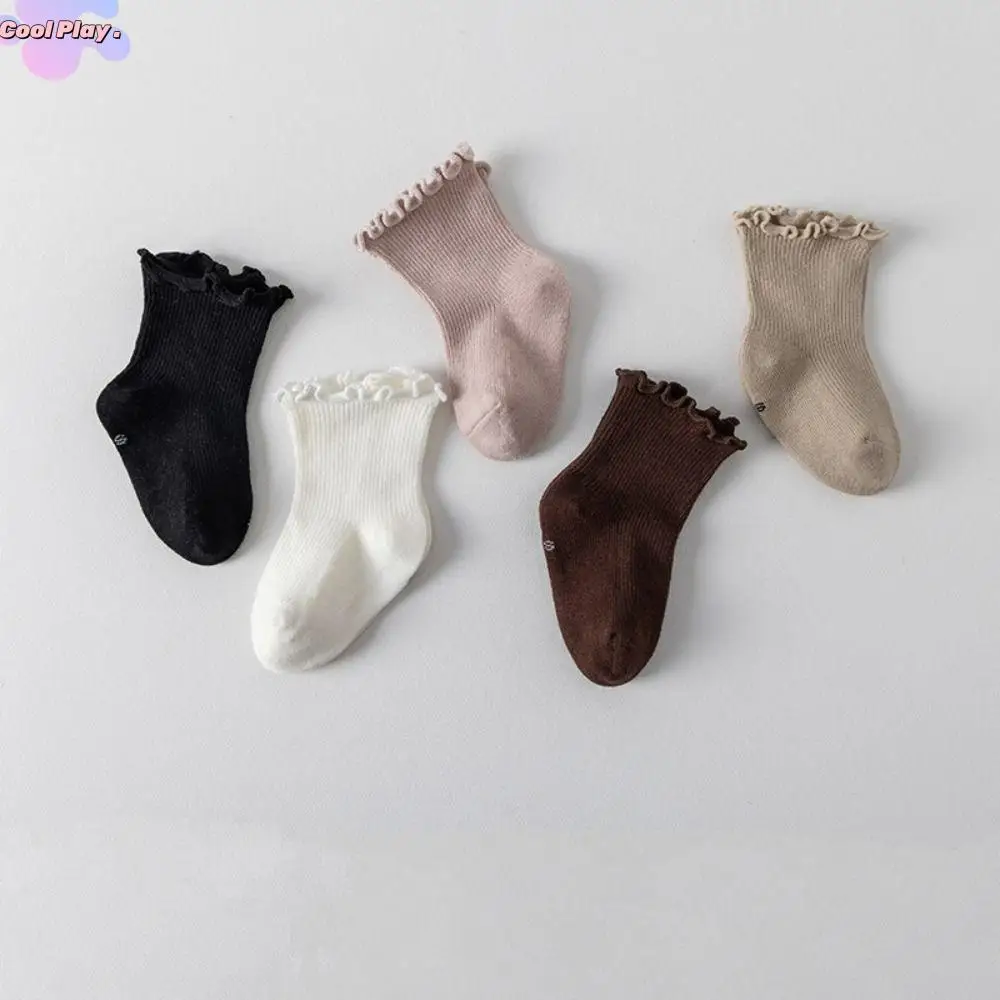 

5 пар кавайных детских хлопковых носков с рюшами, осенне-весенние дышащие короткие носки-трубочки для малышей, милые носки до середины икры для новорожденных, детские