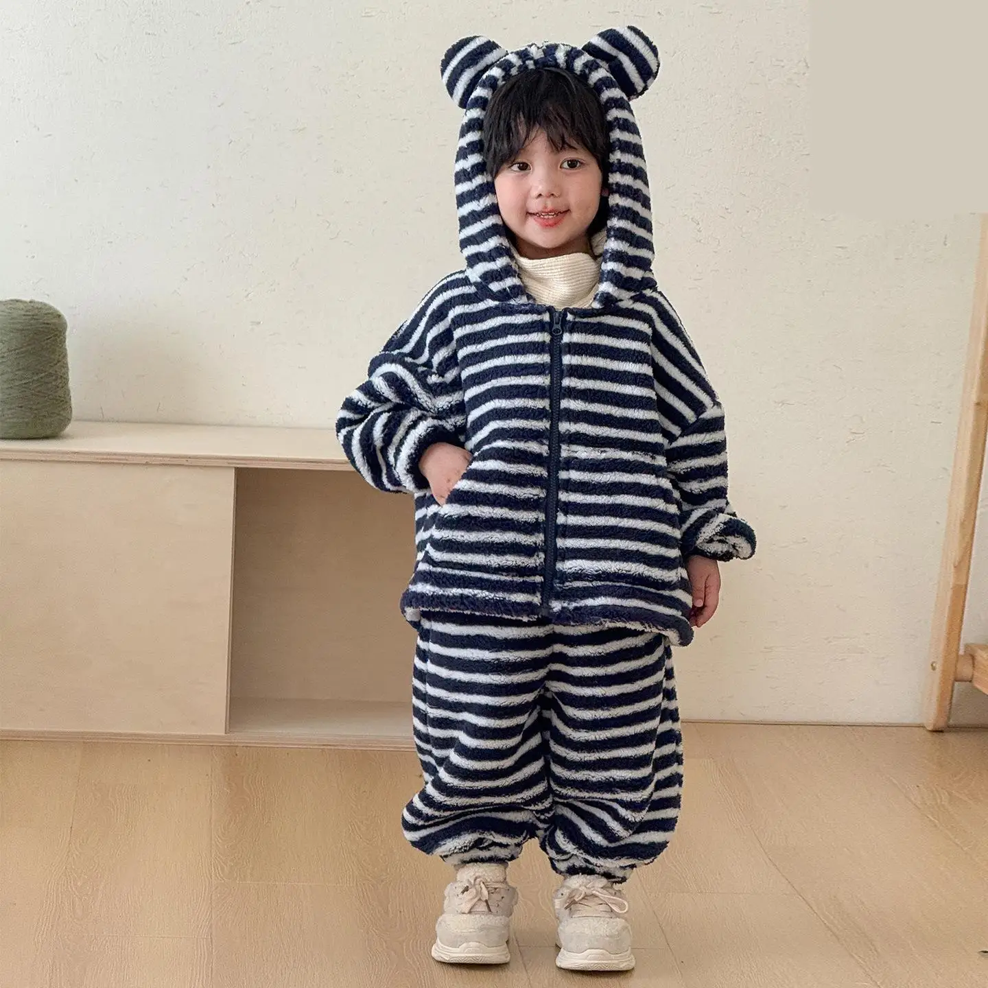 2026 Winter Children Home Clothes Set Plus Velvet Thick Boys Girls Hooded Flannel Pajamas 2pcs Suit Kids Casual Outfits 1-8 Year