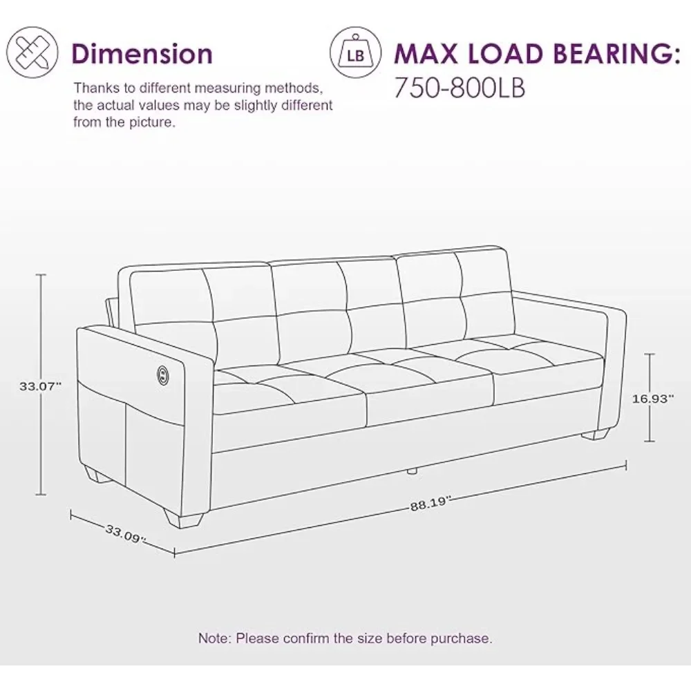 โซฟาโซฟาสไตล์โมเดิร์น, โซฟาผ้าลินินที่นั่งลึก Mid Century พร้อมพอร์ตชาร์จ USB 2 พอร์ตและเบาะรองนั่ง