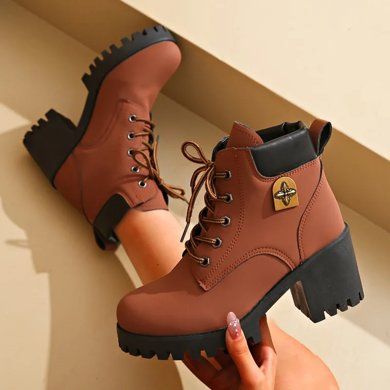 2026 New Trend Solid Round Toe High Heel Women's Short Boots Spring Autumn Fashion Simple Comfortable Outdoor Casual Women Shoes