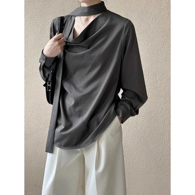 Spring Scarf Collar Halter Ribbon Blouse Women Long Sleeve Loose Straight Fashion Korean Tops