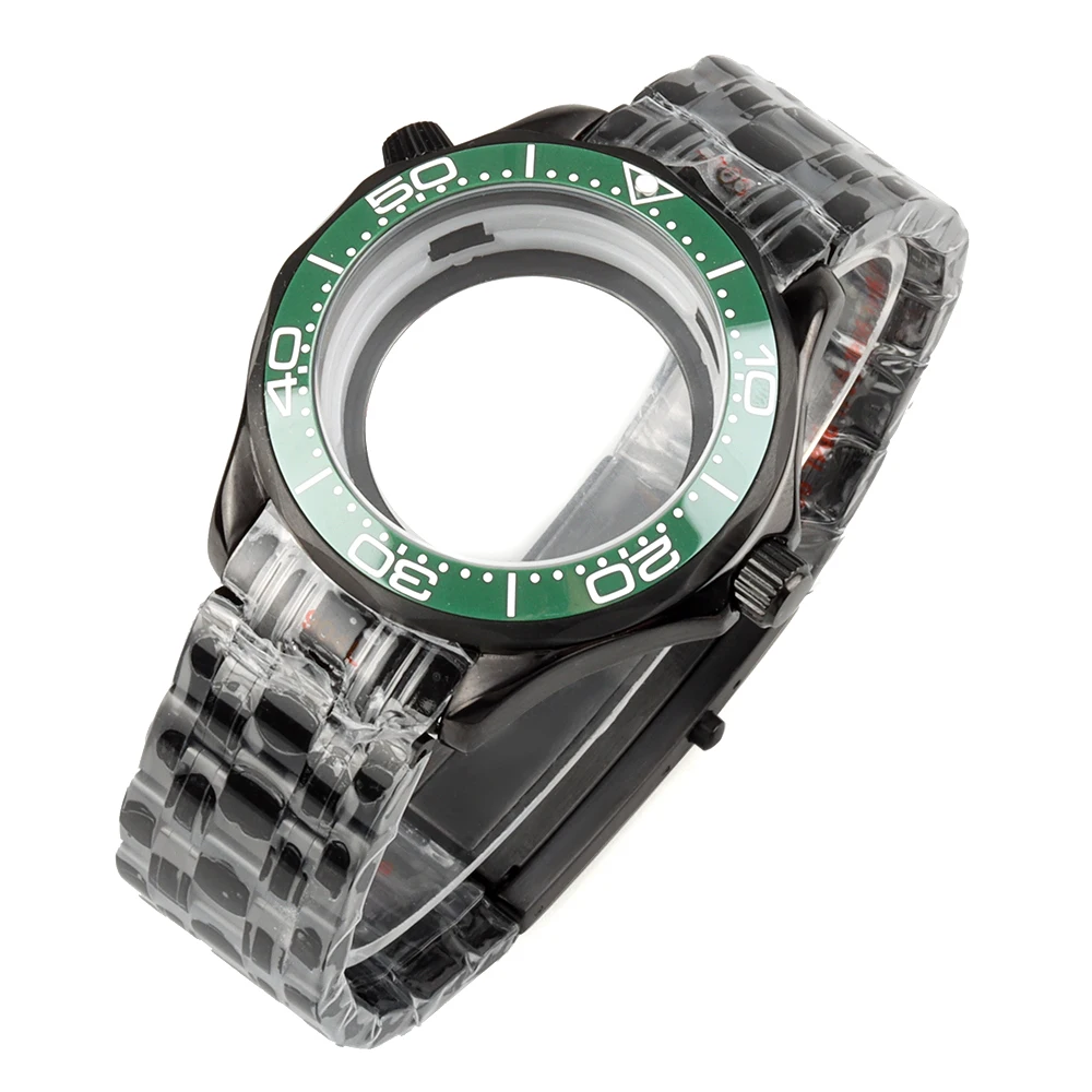 

Black PVD 41mm Case Green Bezel With Stainless Steel Bracelet For Seamaster 300 Seiko NH35 NH36 Movement Waterproof Watch Parts