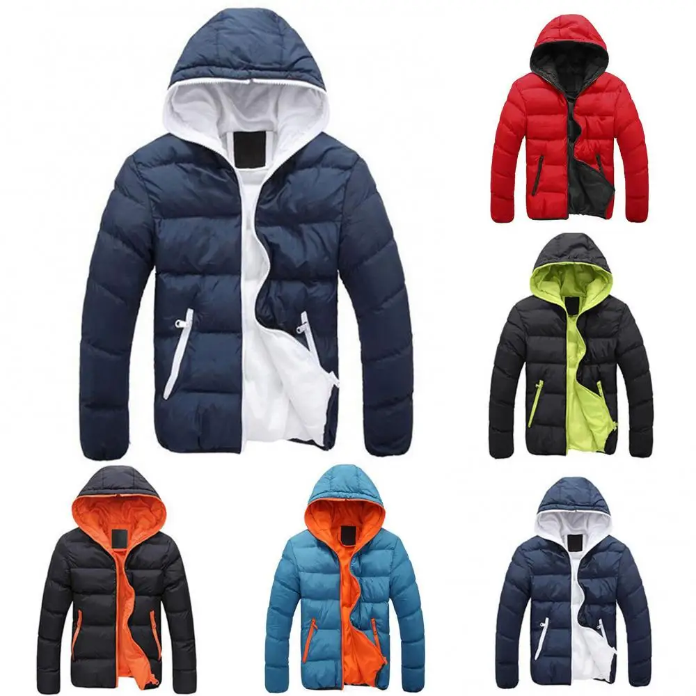 ผู้ชายสีบล็อกซิปHoodedผ้าฝ้ายเบาะCoat SLIM FIT Thicken Outwearเสื้อแจ็คเก็ตWindproofเสื้อแจ็คเก็ตผู้ชายOutwear