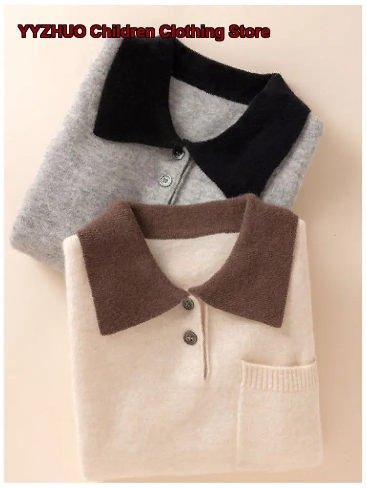 Boys Girls Polo Collar Knit Top Kids Autumn Winter Merino Wool Pullover Sweater Older Kids