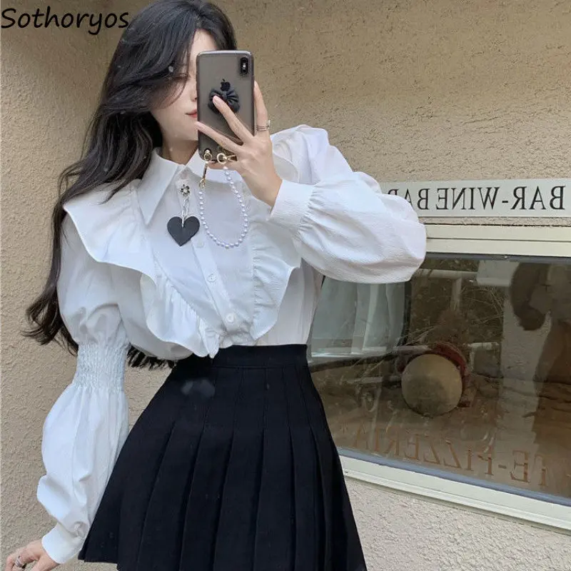 Shirts Women Ruffles Creativity Stylish Simple Daily All-match Cozy Korean Style Ladies Casual Classics Temperament Vintage Ins