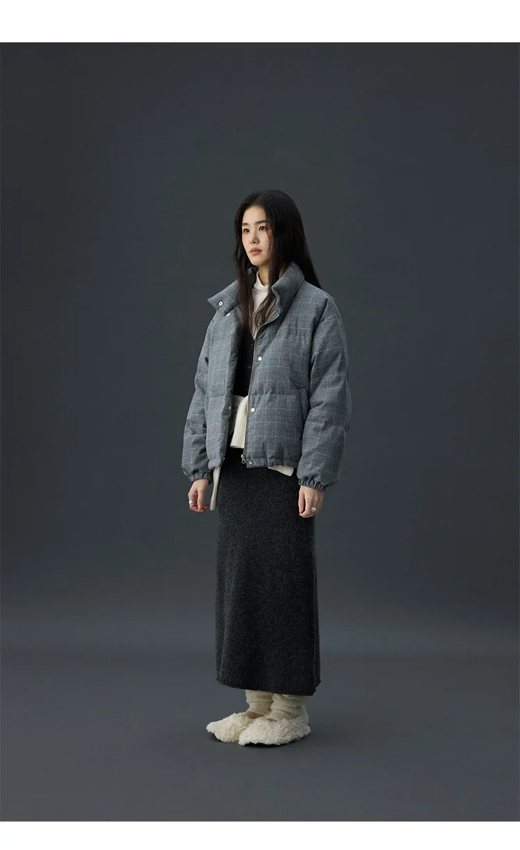 Winter women's casual solid color retro plaid warm bread down jacket