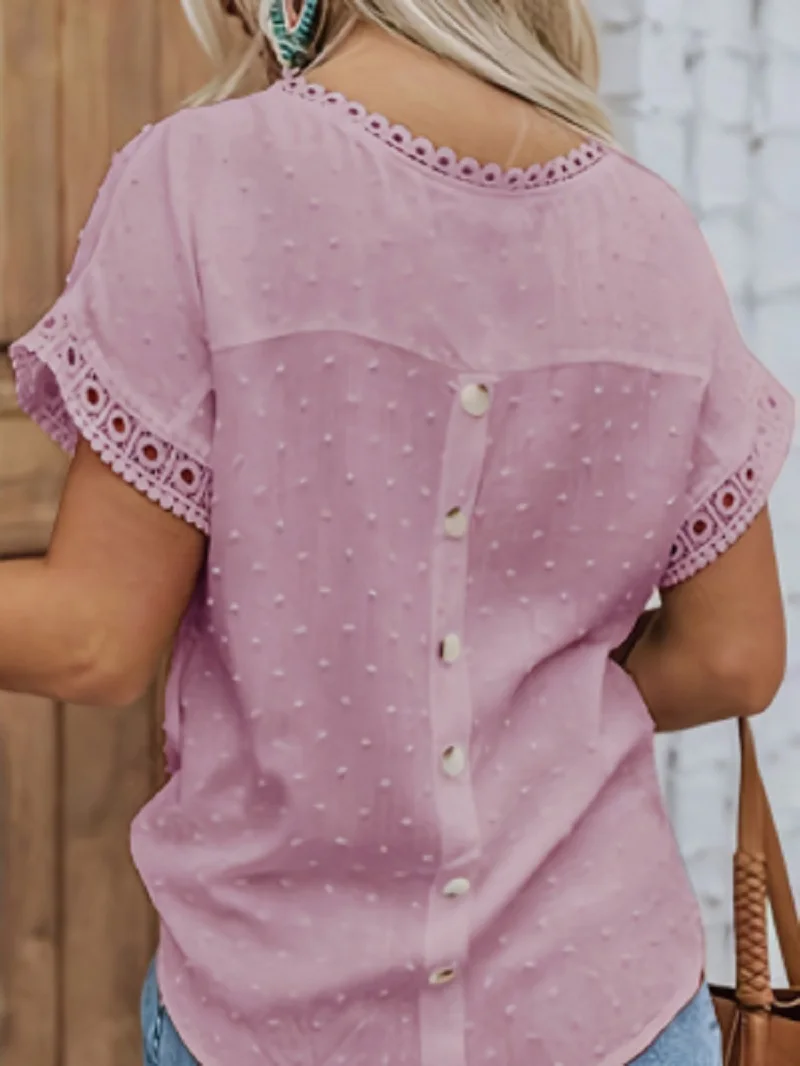 Women Fashion O-neck Lace Swiss Dot Solid Tops Blouse Hollow T-Shirt 2024 Summer Short Sleeve Boho Sweet Casual Female Blouses