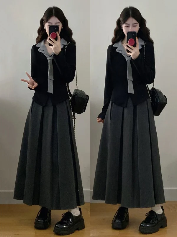

Large Size Women's Fashion Set Early Spring Popular Shawl Top Skirt Academy Style Ensemble Shirt Long Sleeve High Waist