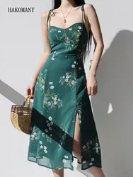 2023 Women Lacing up Sling Chiffon Robe Party Retro French Style Green Flower Print Bandage Spaghetti Strap Hem Slit Midi Dress