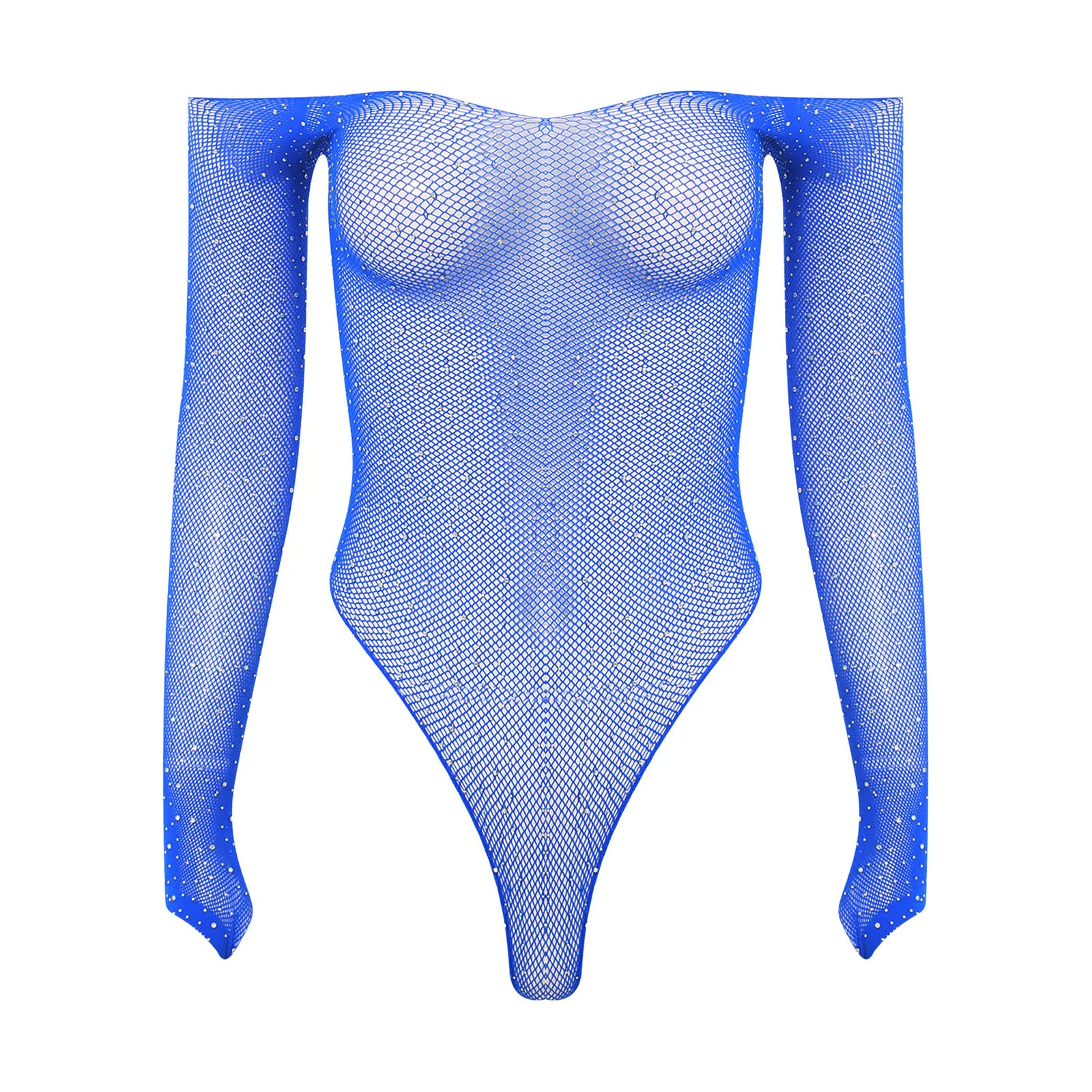 Dames glanzende strass visnet bodysuit lingerie doorzichtige off-shoulder lange mouw rekbaar turnpakje badmode club nachtkleding