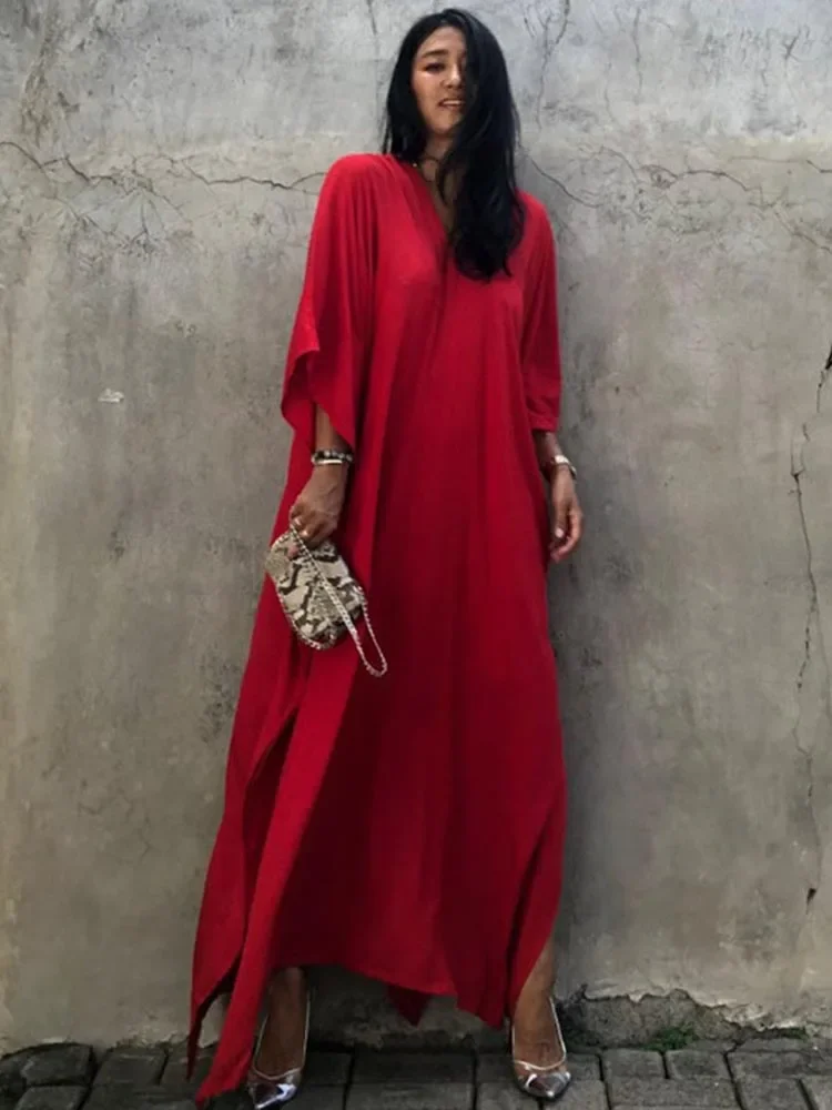 2025 新固体ビキニカバーアップ女性ビーチカバーアップ V ネックスリットカットプラスサイズビーチロングドレス夏のファッション女性ビーチウェア