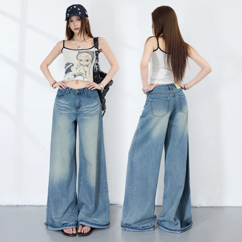 Vintage Light Blue Soft Denim Wide Leg Jeans Women Cuffed Hem High Waist Loose Slim Floor Length Retro Casual Trousers