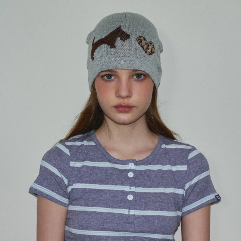 2027 Women Jacquard Beanie Hat, Niche Leopard Print Heart Black White Dog Pattern Cold Cap for Autumn Winter Matching