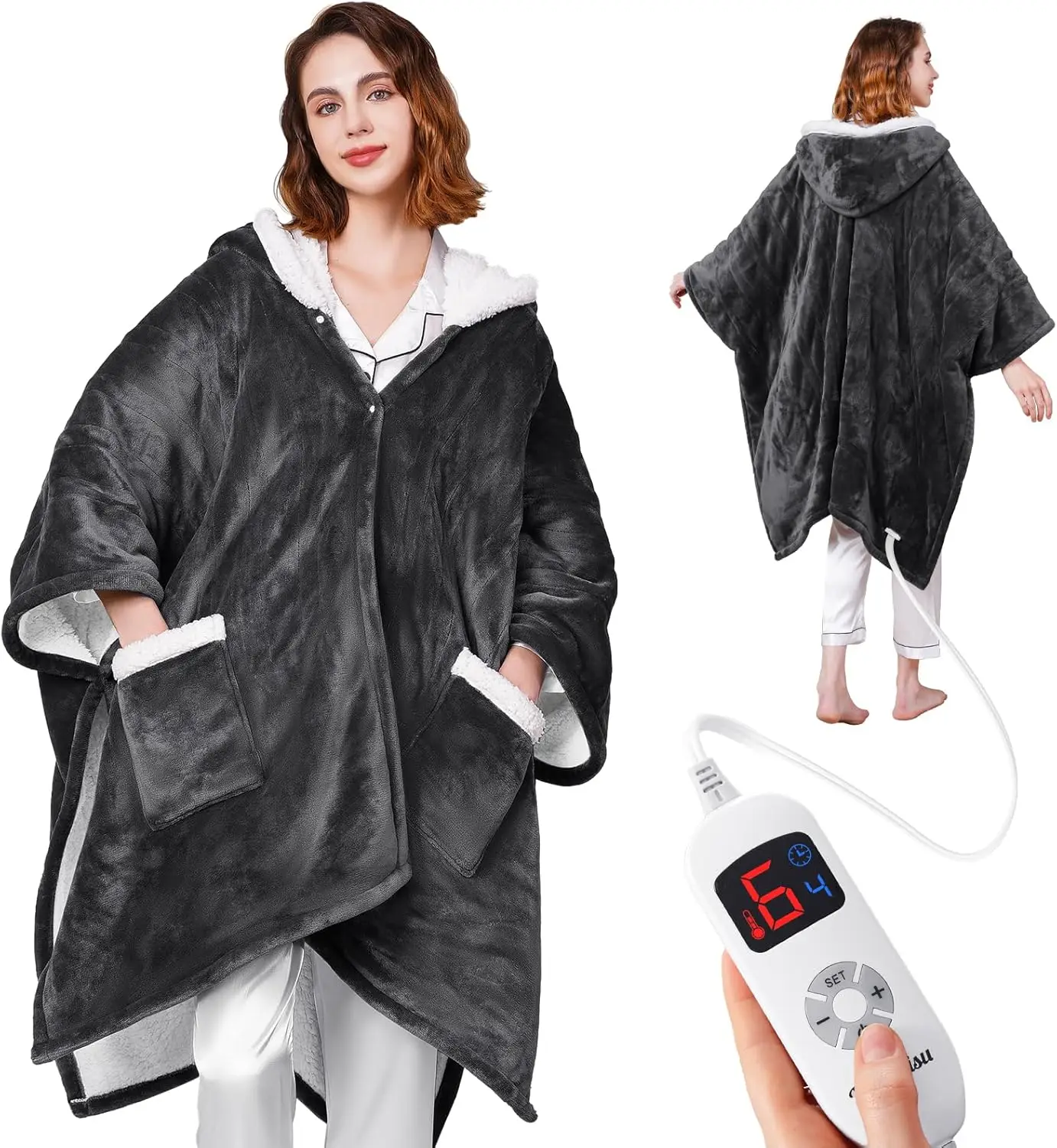 

Reversible Electric Heated Blanket with Pockets & Hood, 6 Heat Levels, Timer, Machine Washable Grey