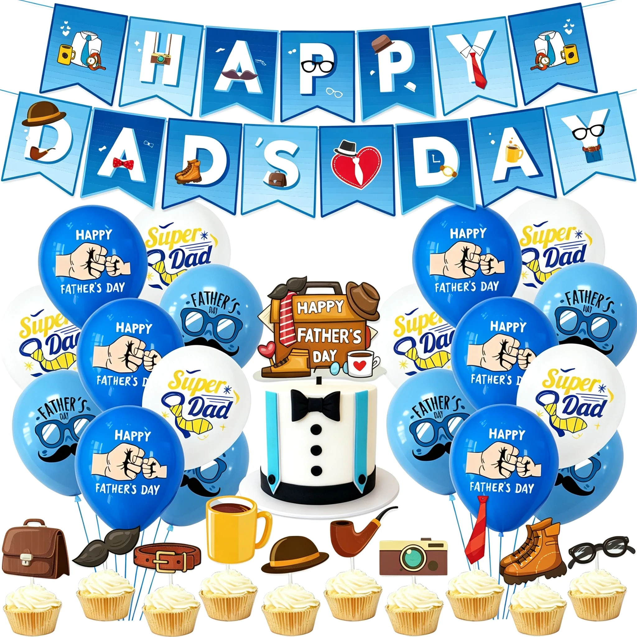Set de decoración para el Día del Padre, 30 piezas: pancarta, globos y adornos para pasteles, con estampados de bigotes y corbatas en azul y blanco para celebrar el Día del Padre.